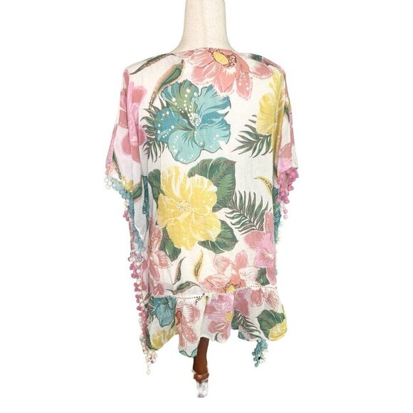 Z & L Pink Hibiscus Floral Cover-up Sarong Poncho Top Vacation Boho OS Hawaii - Picture 7 of 10